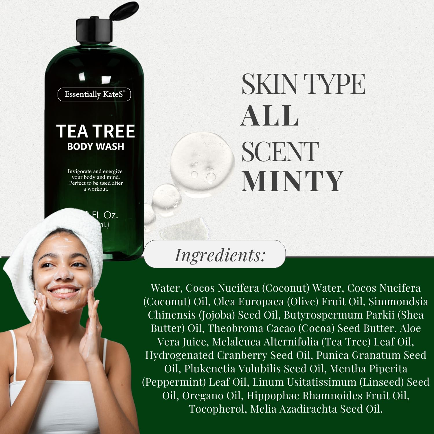 Essentially KateS Tea Tree Body Wash 16.9 fl oz - 100% Natural - Fights Body Odor & Irritation - Helps Athletes Foot, Ringworms, Jock Itch, Acne, & Eczema